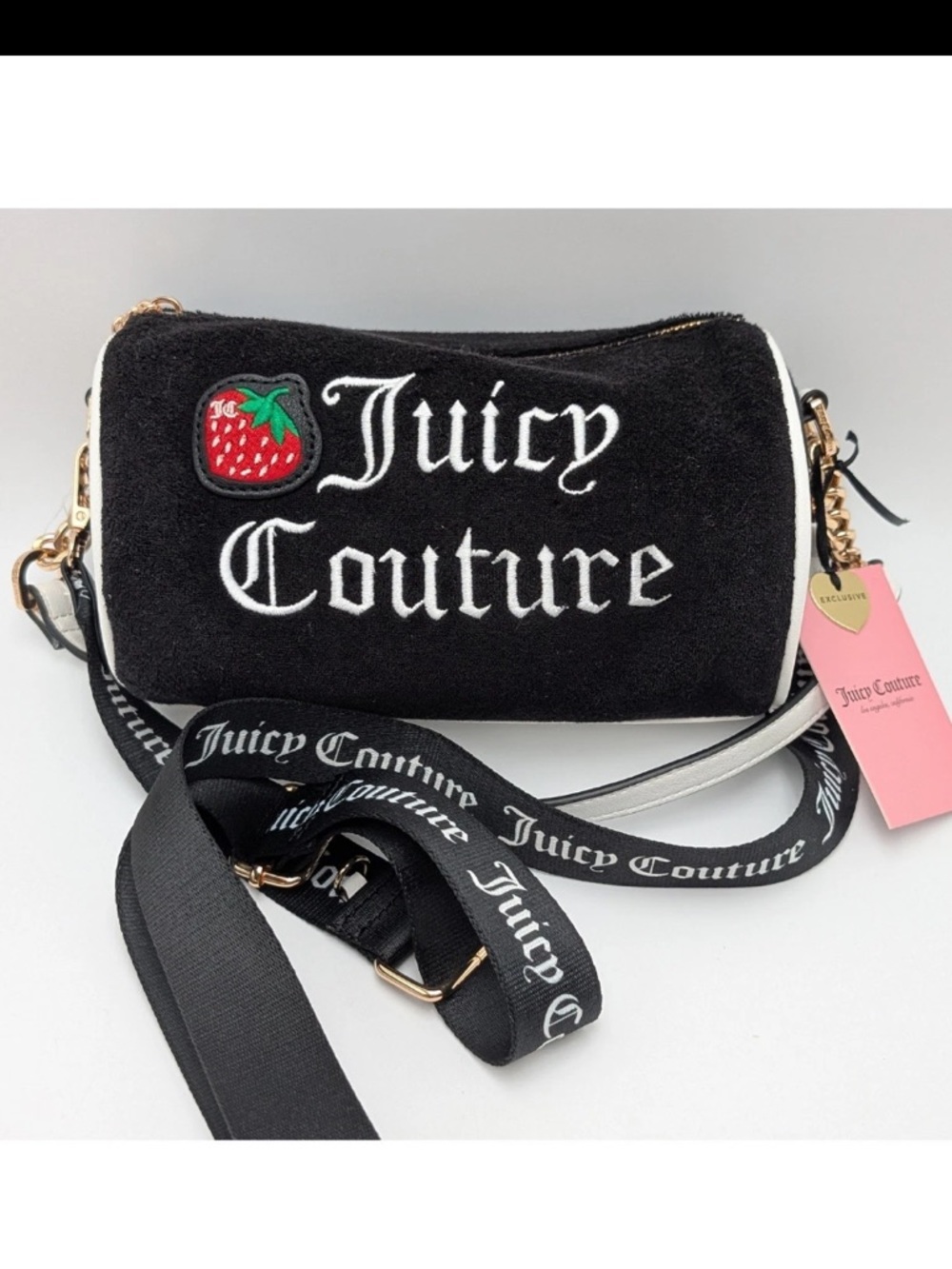 NWT Juicy Couture Black Barrel Crossbody Bag with Strawberry Patch Velour Y2K